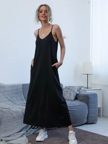 Opuloom Slant Pocket Solid Cami Dress Maxi Women Outfit - Black - View 6