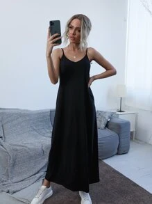 Opuloom Slant Pocket Solid Cami Dress Maxi Women Outfit - Black - View 7