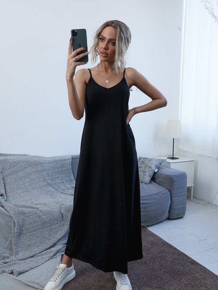 Slant Pocket Solid Cami Dress Maxi Women Outfit