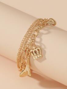 心形和皇冠吊飾分層手鍊 - 金黃色 - 查看 2