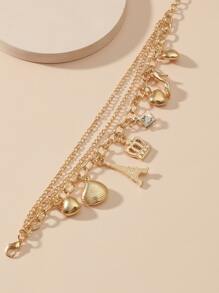 心形和皇冠吊飾分層手鍊 - 金黃色 - 查看 3