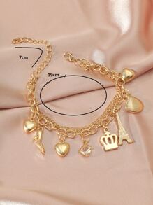 心形和皇冠吊飾分層手鍊 - 金黃色 - 查看 4