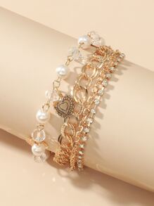 Rhinestone & Faux Pearl Decor Bracelet - Yellow Gold - View 1