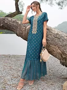 Al Najma 網紗拼接下擺圖案印花連衣裙 - 水鴨藍 - 查看 1