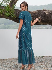 Al Najma 網紗拼接下擺圖案印花連衣裙 - 水鴨藍 - 查看 2