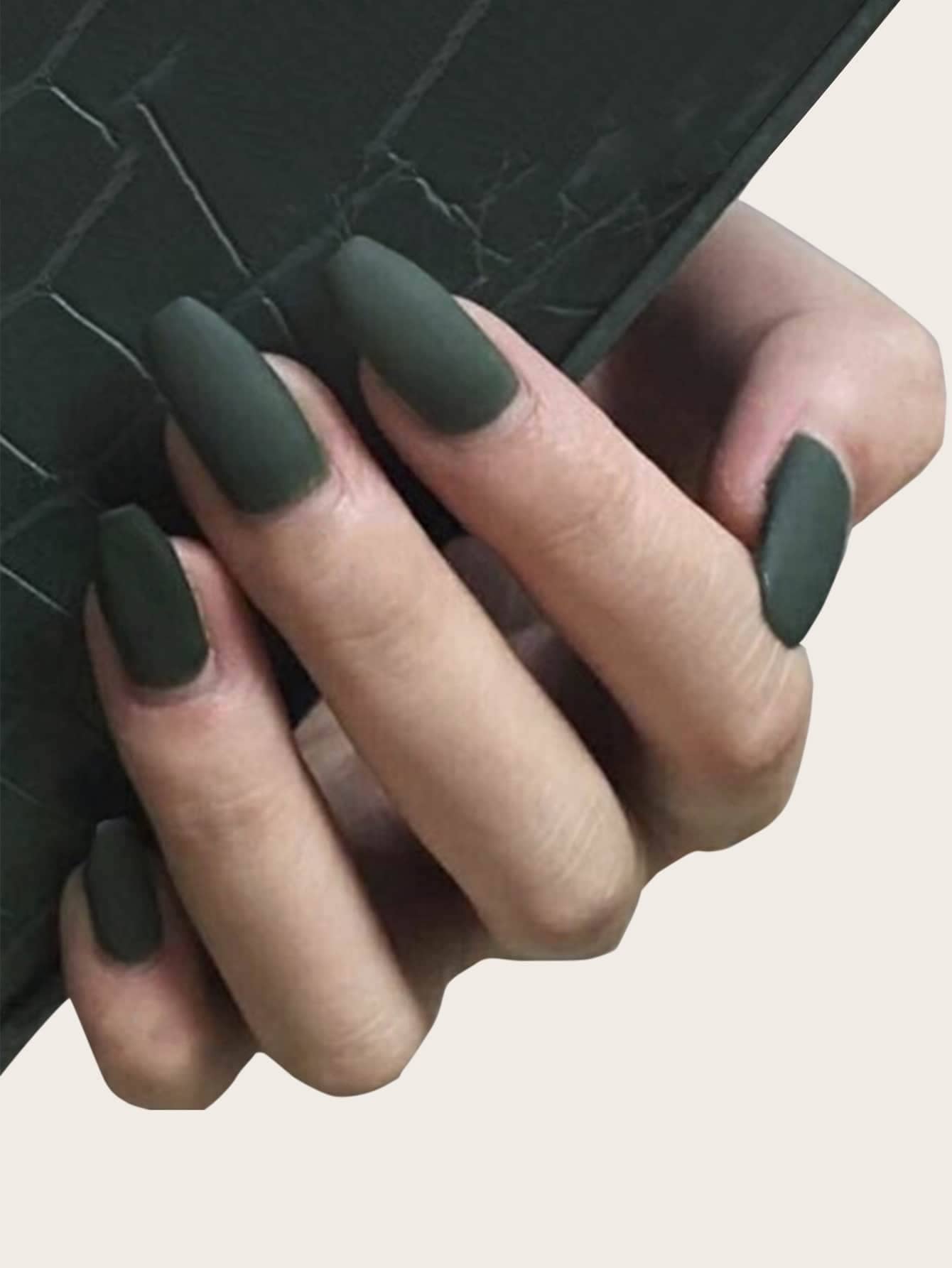 Classic Simple Solid Color Style 24pcs Matte Long Sharp False Nails With Jelly Glue And Nail File, Perfect For Outdoor Leisure, Parties,daily Wear - Dark Green - View 1