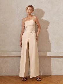 Solid Wide Leg Cami Jumpsuit - Beige - View 1