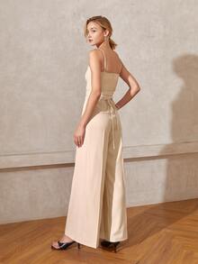 Solid Wide Leg Cami Jumpsuit - Beige - View 2