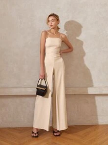 Solid Wide Leg Cami Jumpsuit - Beige - View 4