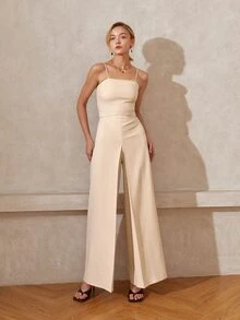 Solid Wide Leg Cami Jumpsuit - Beige - View 5