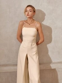 Solid Wide Leg Cami Jumpsuit - Beige - View 6