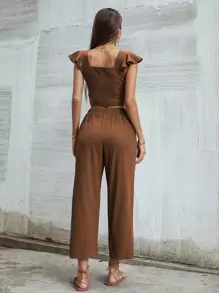 SHEIN Unity Top girante ribete fruncido con pantalones - Café integral - Ver 2