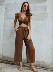 SHEIN Unity Top girante ribete fruncido con pantalones - Café integral - Ver 4