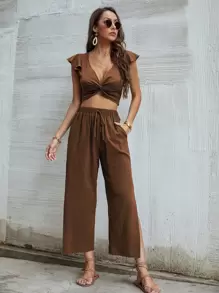 SHEIN Unity Top girante ribete fruncido con pantalones - Café integral - Ver 6