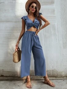 Breezaya 荷葉邊扭結上衣帶褲子 - 藍色 - 查看 5