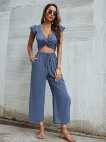 Breezaya 荷葉邊扭結上衣帶褲子 - 藍色 - 查看 6