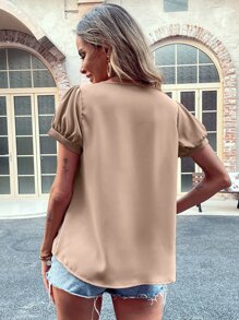 Notched Neck Pearls Plicated Detail Blouse - Khaki - View 2
