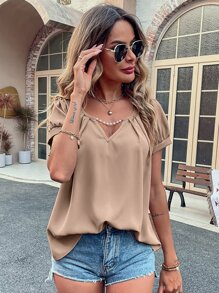 Notched Neck Pearls Plicated Detail Blouse - Khaki - View 5