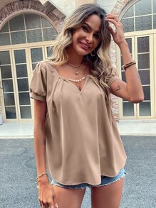Notched Neck Pearls Plicated Detail Blouse - Khaki - View 6