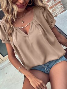 Notched Neck Pearls Plicated Detail Blouse - Khaki - View 7