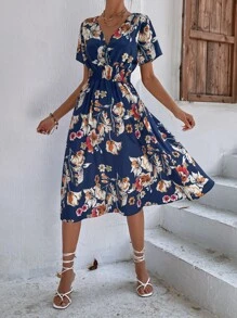 Breezaya 印花交疊領腰部打褶A字洋裝 - 彩色 - 查看 3