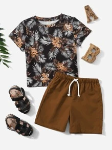 SHEIN Toddler Boys Tropical Print Tee & Drawstring Waist Shorts - Multicolor - View 1