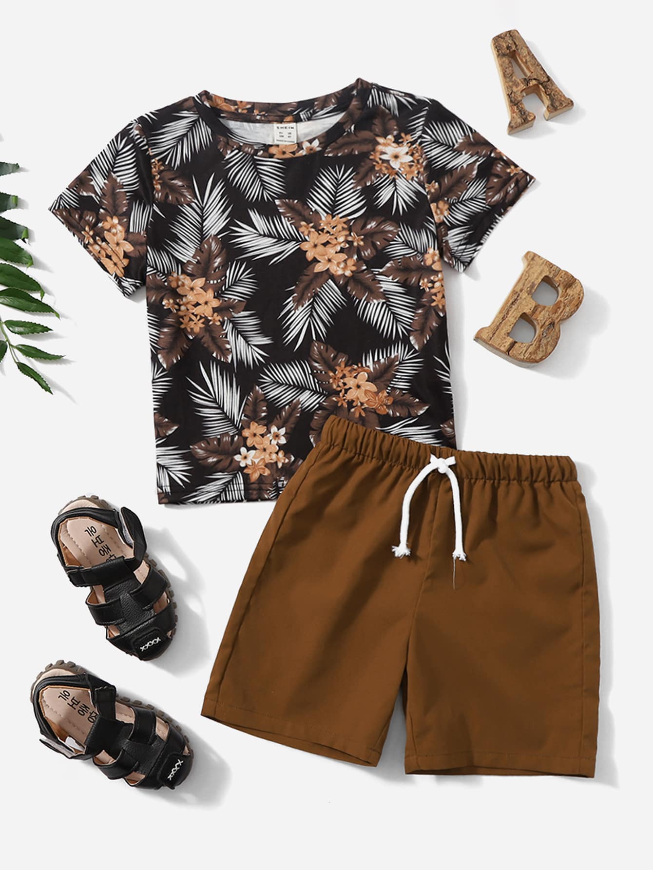 SHEIN Toddler Boys Tropical Print Tee & Drawstring Waist Shorts - Multicolor - View 1