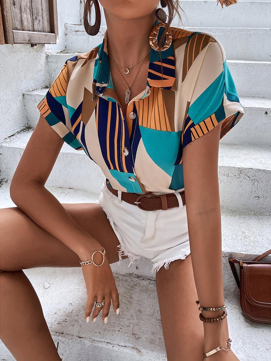 SHEIN Clasi 條紋和幾何圖案蝙蝠袖襯衫 - 彩色 - 查看 1