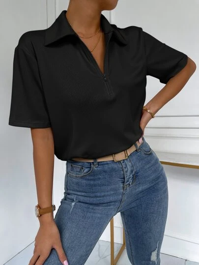 Chiquease Half Zipper Rib-knit Tee