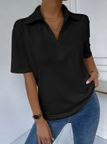 Chiquease Half Zipper Rib-knit Tee - Black - View 3