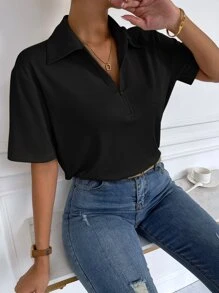 Chiquease Half Zipper Rib-knit Tee - Black - View 4