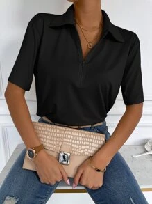 Chiquease Half Zipper Rib-knit Tee - Black - View 5