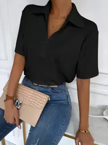 Chiquease Half Zipper Rib-knit Tee - Black - View 6