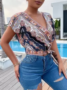 SHEIN LUNE Scarf Print Batwing Sleeve Wrap Knot Side Blouse - Multicolor - View 3