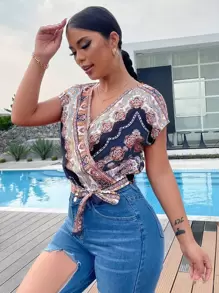 SHEIN LUNE Scarf Print Batwing Sleeve Wrap Knot Side Blouse - Multicolor - View 4