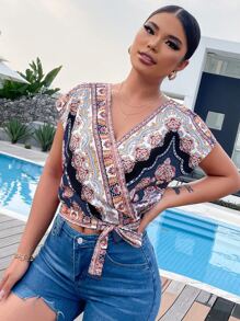 SHEIN LUNE Scarf Print Batwing Sleeve Wrap Knot Side Blouse - Multicolor - View 5