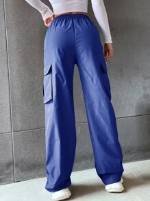 SHEIN Unity 素色高腰翻蓋口袋工裝褲 - 寶藍色 - 查看 2