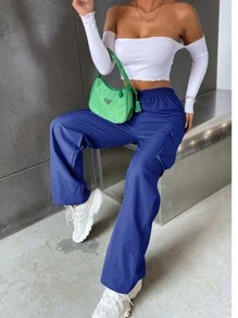 SHEIN Unity 素色高腰翻蓋口袋工裝褲 - 寶藍色 - 查看 4