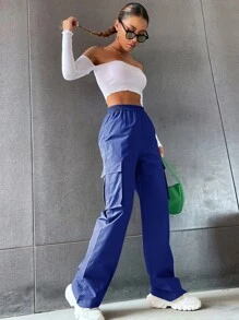 SHEIN Unity 素色高腰翻蓋口袋工裝褲 - 寶藍色 - 查看 7