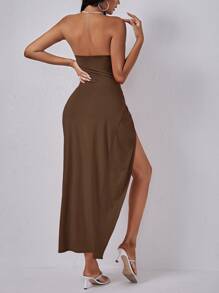 SHEIN SXY 鏤空前扭結高衩連衣裙 - 咖啡棕 - 查看 2