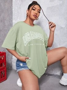 CovetEZ Plus Letter Graphic Drop Shoulder Tee - Mint Green - View 1