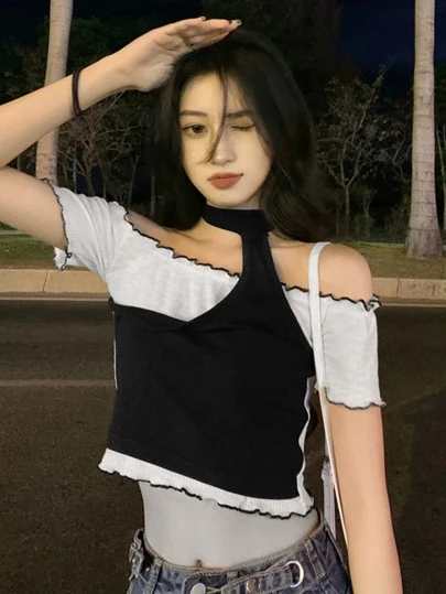 假兩件木耳邊短款T恤