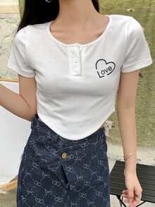 Letter & Heart Graphic Curved Hem Crop Tee - White - View 1