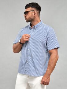 Manfinity Hombres Camisa con estampado de rayas de cuello con botón - Azul y blanco - Ver 4