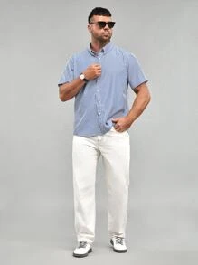 Manfinity Hombres Camisa con estampado de rayas de cuello con botón - Azul y blanco - Ver 5