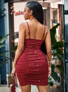 SHEIN SXY 交疊領褶邊緊身吊帶洋裝 - 酒紅色 - 查看 2