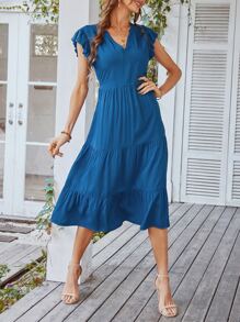 Flutter Sleeve Ruffle Hem Dress - Blue - View 1