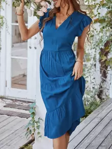 Flutter Sleeve Ruffle Hem Dress - Blue - View 4