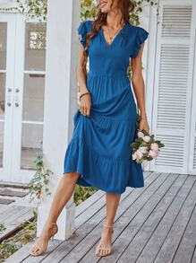 Flutter Sleeve Ruffle Hem Dress - Blue - View 5