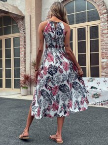 SHEIN Unity Cut Out Waist Tropical Halter Dress - Multicolor - View 2